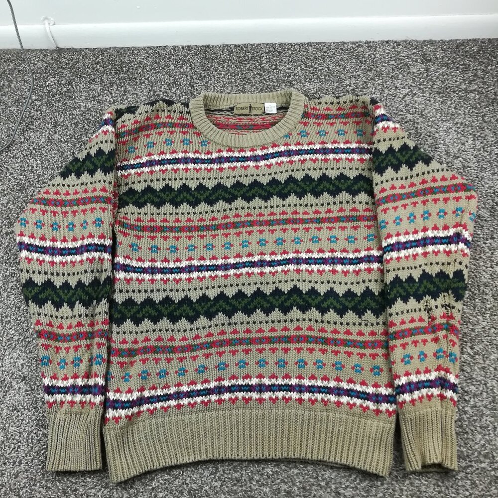 Vintage Robert Stock Sweater Fair Isle Cotton Crewneck Multicolor Mens Large